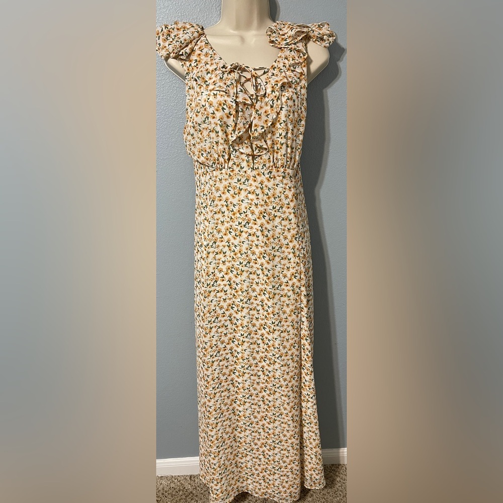 Lulus Floral Maxi Dress Cottagecore Ruffle Sleeve Lace Up Boho Prairie Small